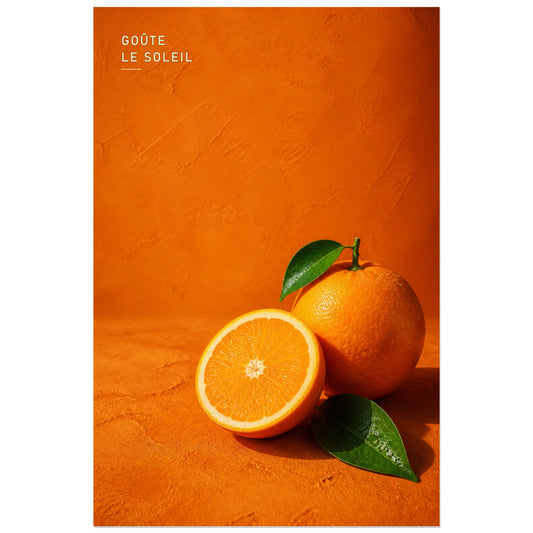 Affiche photo Orange solaire - Goûte le soleil, photographie culinaire graphique, solaire et saturée verticale, format 30 × 45 cm