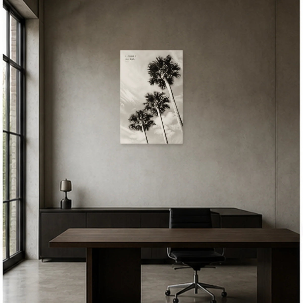 Affiche photo Palmiers en noir et blanc - L’ombre du Sud dans un bureau - Art Virtuoso