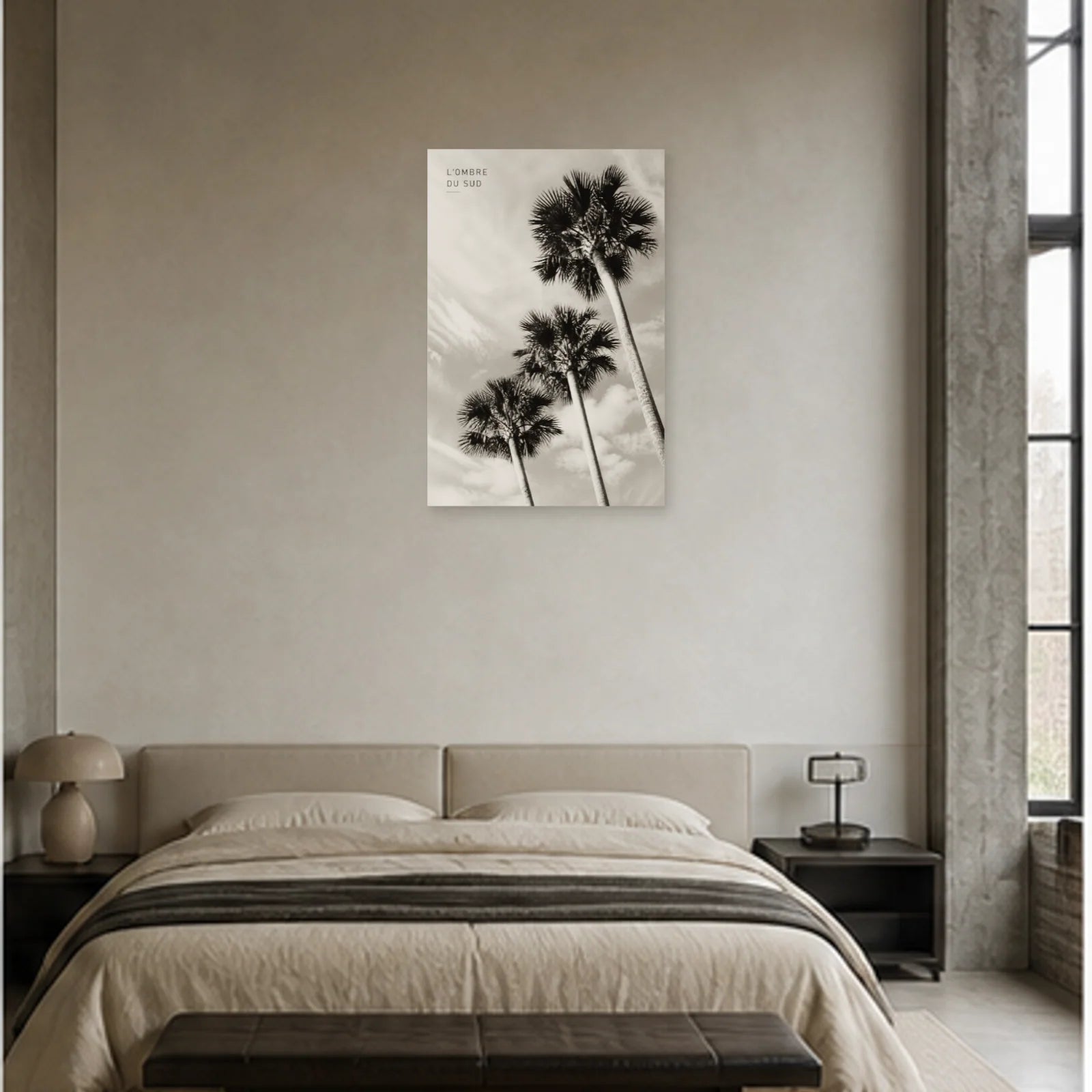 Affiche photo Palmiers en noir et blanc - L’ombre du Sud dans une chambre - Art Virtuoso