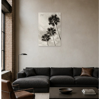 Affiche photo Palmiers en noir et blanc - L’ombre du Sud dans un salon - Art Virtuoso