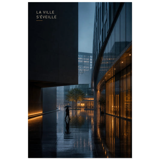 Affiche photo Passage urbain sous la pluie - La ville s’éveille, photographie urbaine cinématographique et architecturale verticale, format 30 × 45 cm