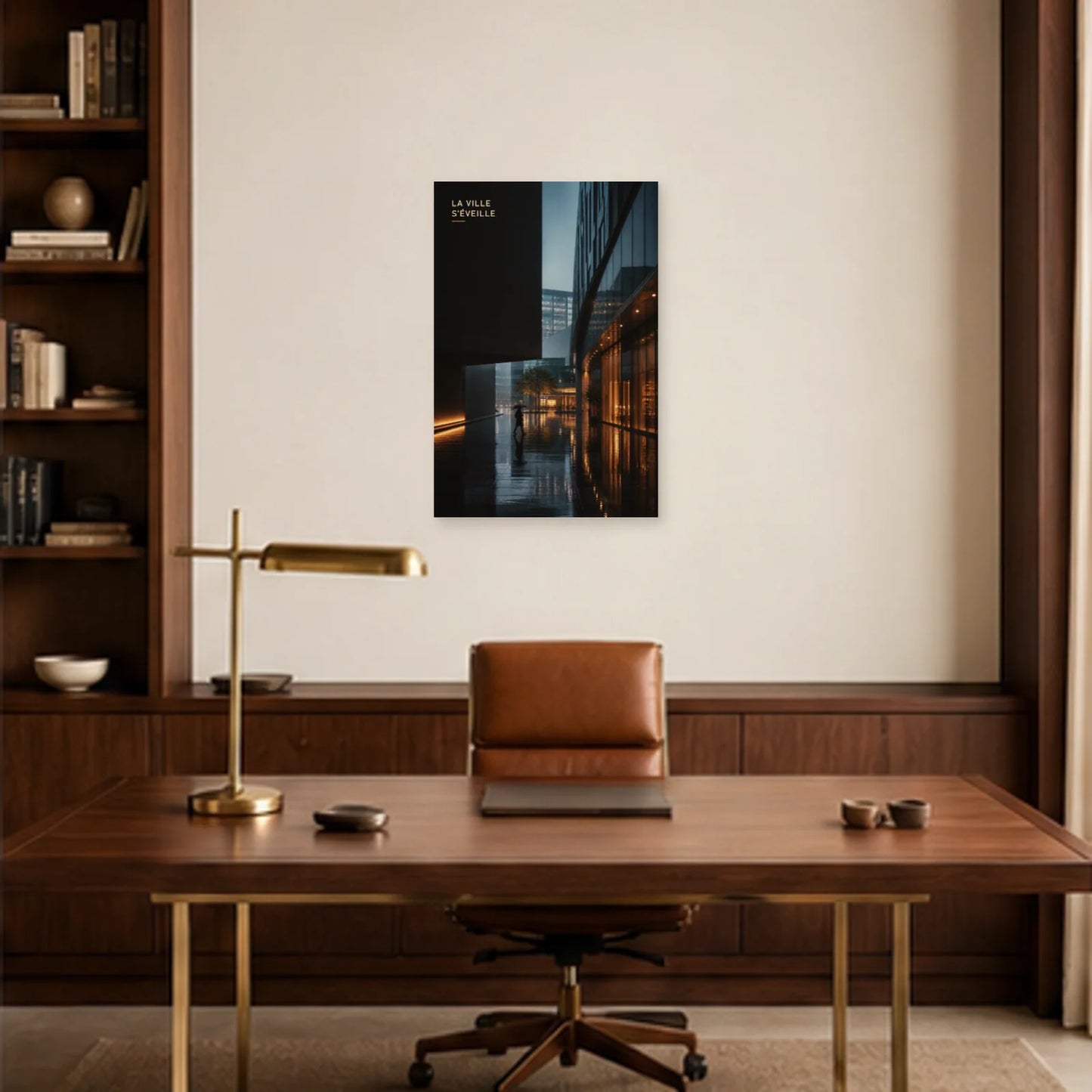 Affiche photo Passage urbain sous la pluie - La ville s’éveille dans un bureau - Art Virtuoso