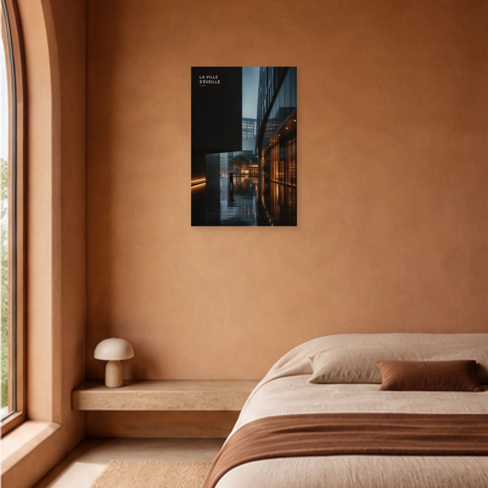Affiche photo Passage urbain sous la pluie - La ville s’éveille dans une chambre - Art Virtuoso