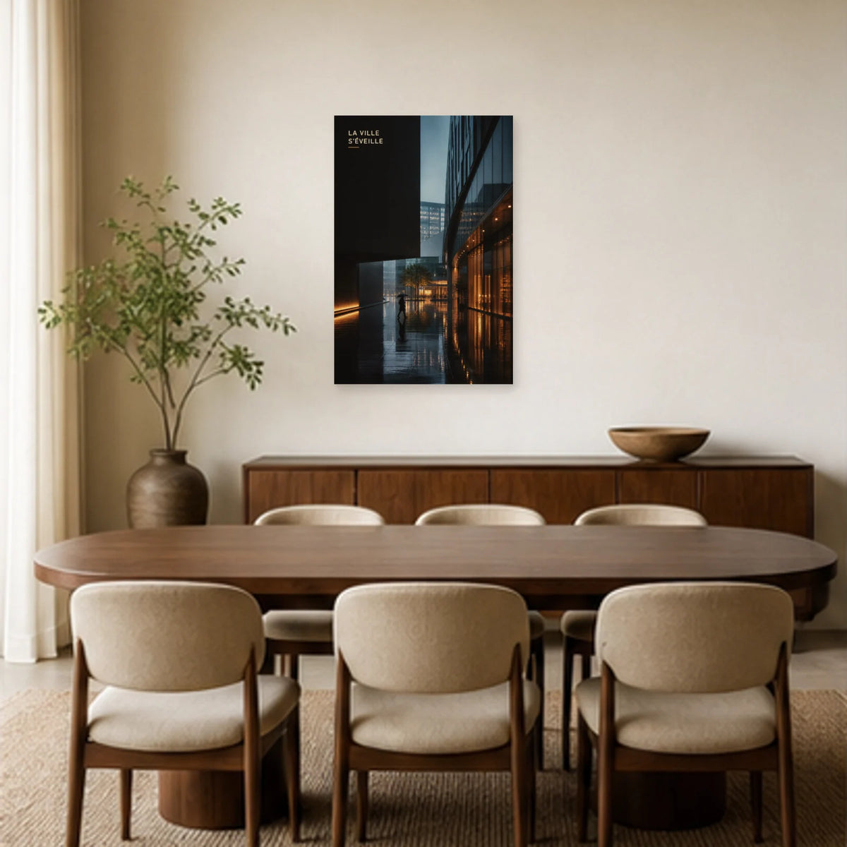 Affiche photo Passage urbain sous la pluie - La ville s’éveille dans une salle à manger - Art Virtuoso