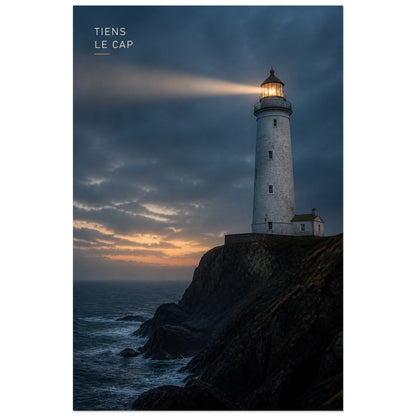 Affiche photo Phare sur la falaise - Tiens le cap, photographie maritime dramatique au crépuscule verticale, format 40 × 60 cm