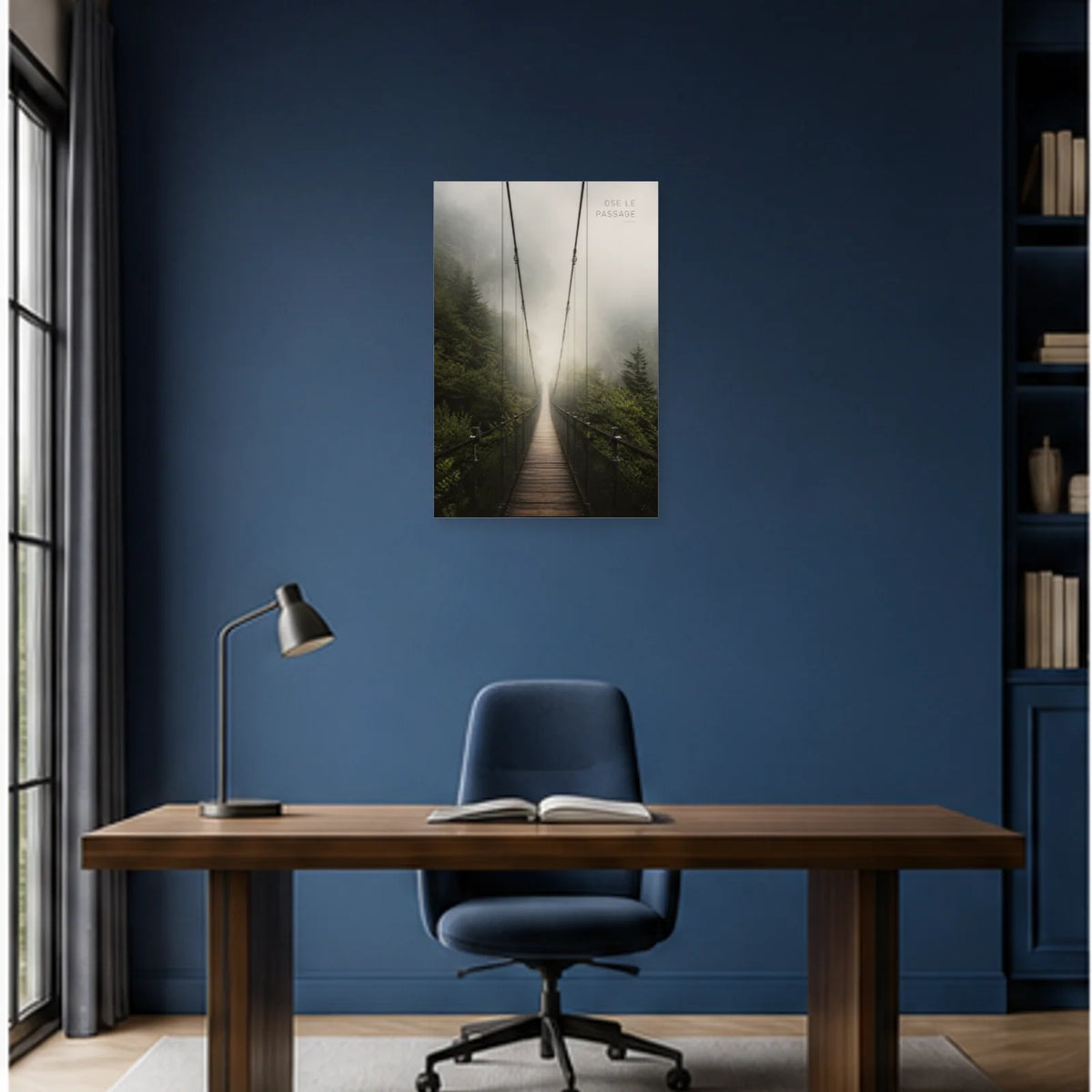 Affiche photo Pont suspendu dans la brume - Ose le passage dans un bureau - Art Virtuoso