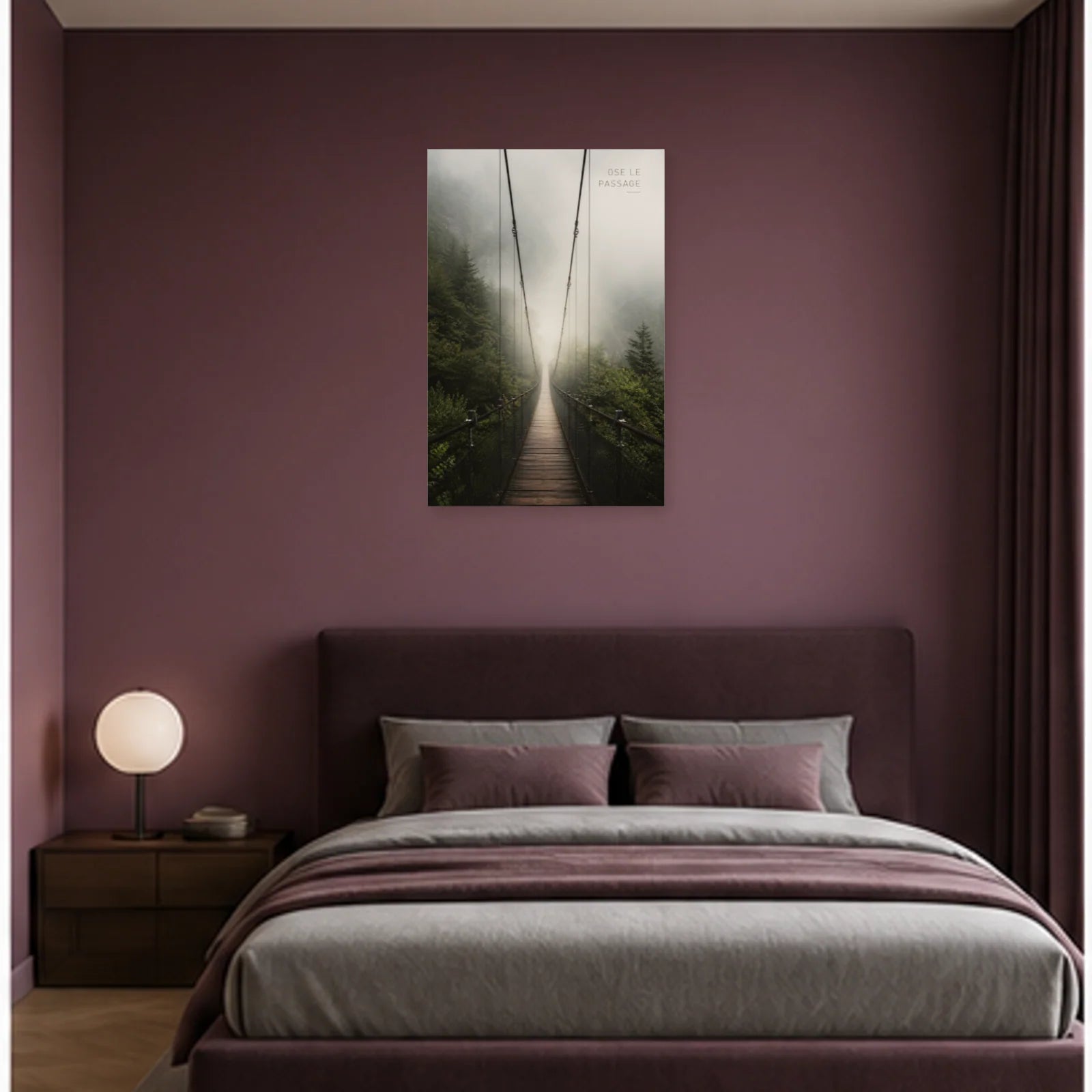 Affiche photo Pont suspendu dans la brume - Ose le passage dans une chambre - Art Virtuoso