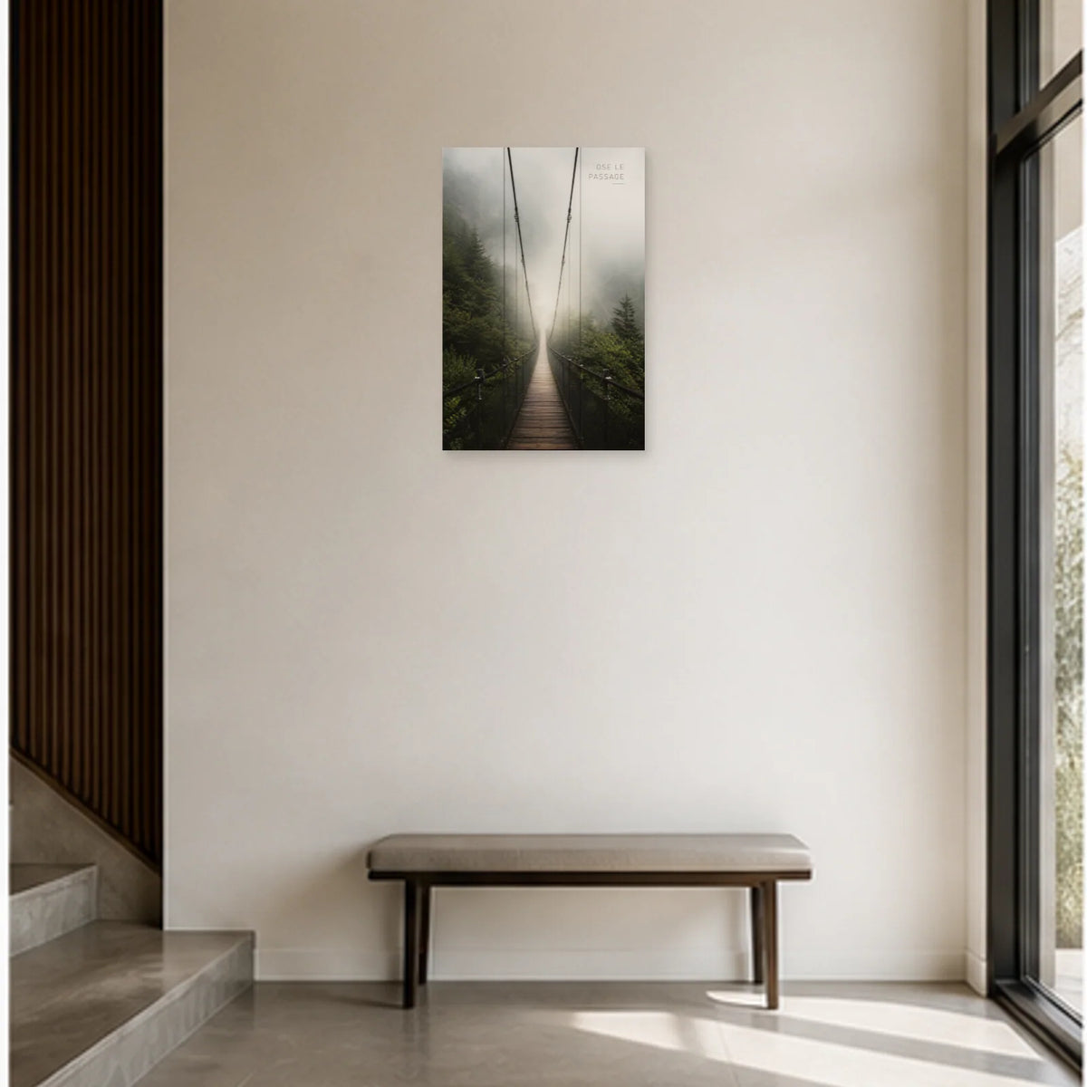 Affiche photo Pont suspendu dans la brume - Ose le passage dans une entrée ou un couloir - Art Virtuoso