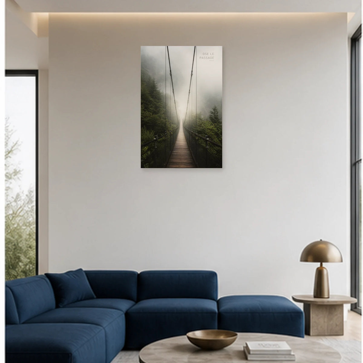 Affiche photo Pont suspendu dans la brume - Ose le passage dans un salon - Art Virtuoso