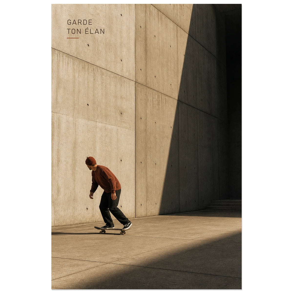 Affiche photo Skateur et béton - Garde ton élan, photographie urbaine éditoriale aux ombres architecturales verticale, format 40 × 60 cm