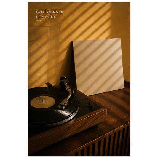 Affiche photo Vinyle dans la lumière - Fais tourner le monde, photographie musicale rétro, chaleureuse et graphique verticale, format 30 × 45 cm