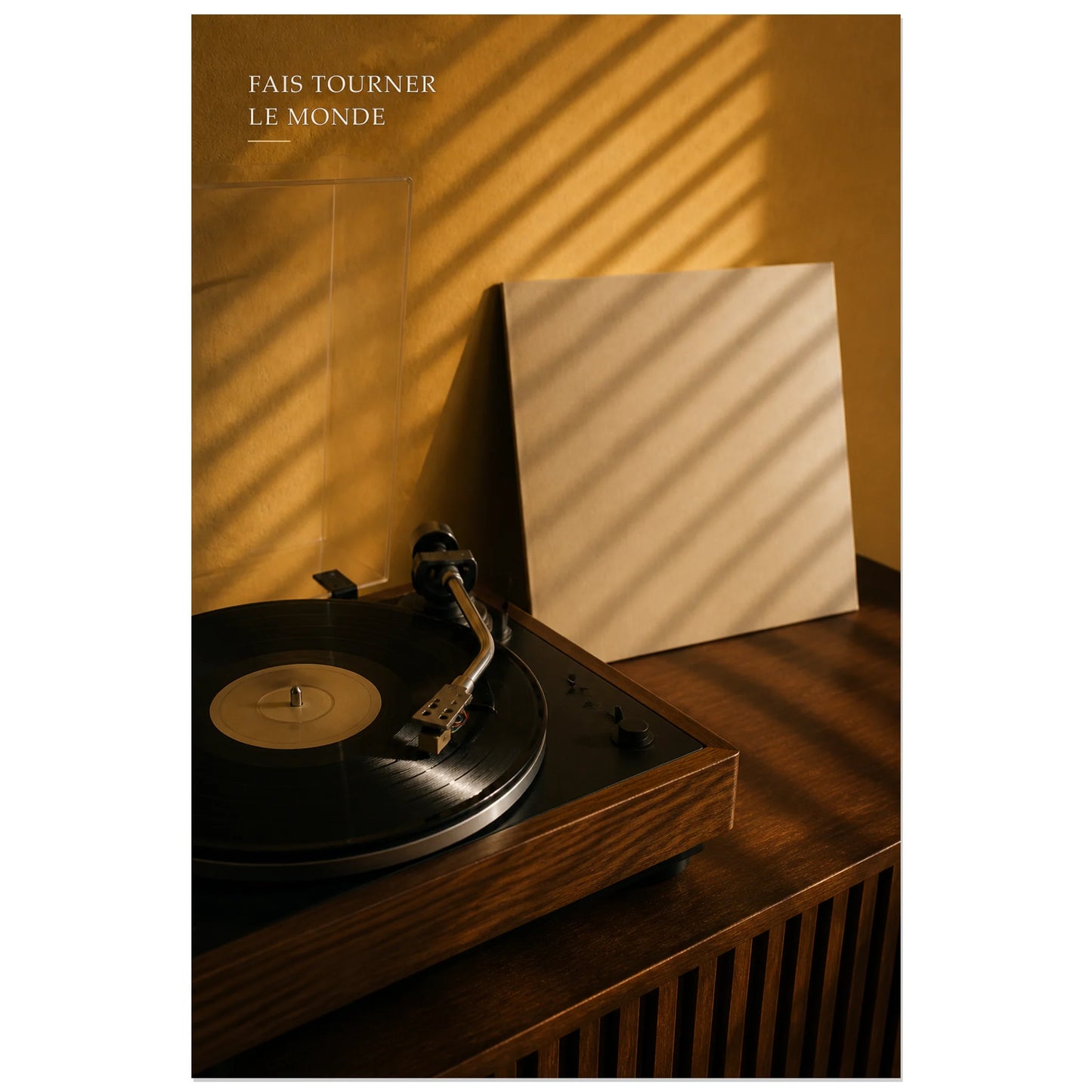 Affiche photo Vinyle dans la lumière - Fais tourner le monde, photographie musicale rétro, chaleureuse et graphique verticale, format 60 × 90 cm