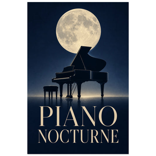 Affiche Piano – Nocturne, illustration nocturne minimaliste et réaliste verticale, format 30 × 45 cm