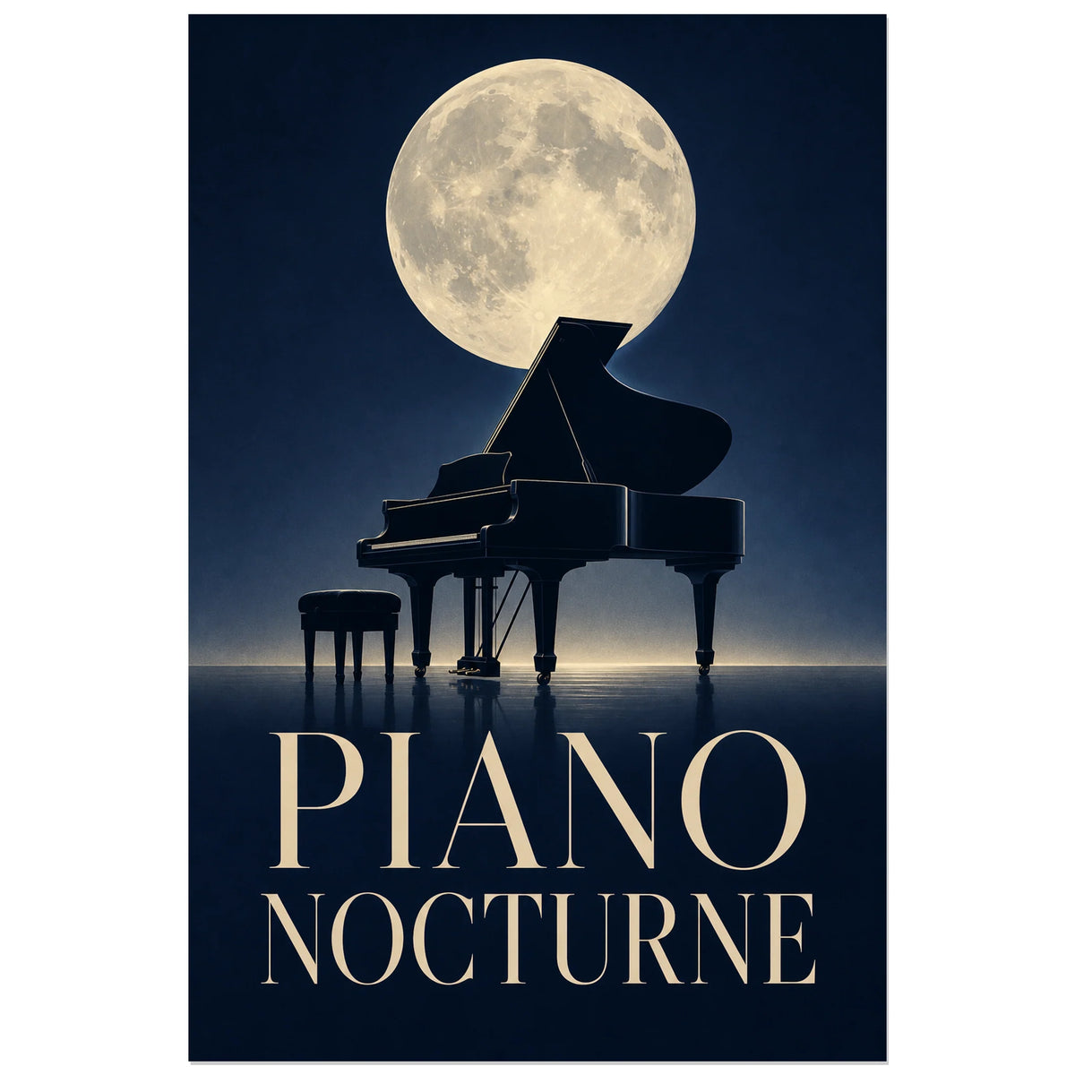 Affiche Piano – Nocturne, illustration nocturne minimaliste et réaliste verticale, format 60 × 90 cm