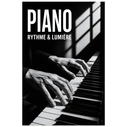 Affiche Piano – Rythme & Lumière, photographie musicale en clair-obscur verticale, format 30 × 45 cm