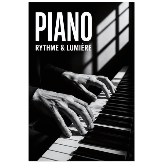 Affiche Piano – Rythme & Lumière, photographie musicale en clair-obscur verticale, format 30 × 45 cm