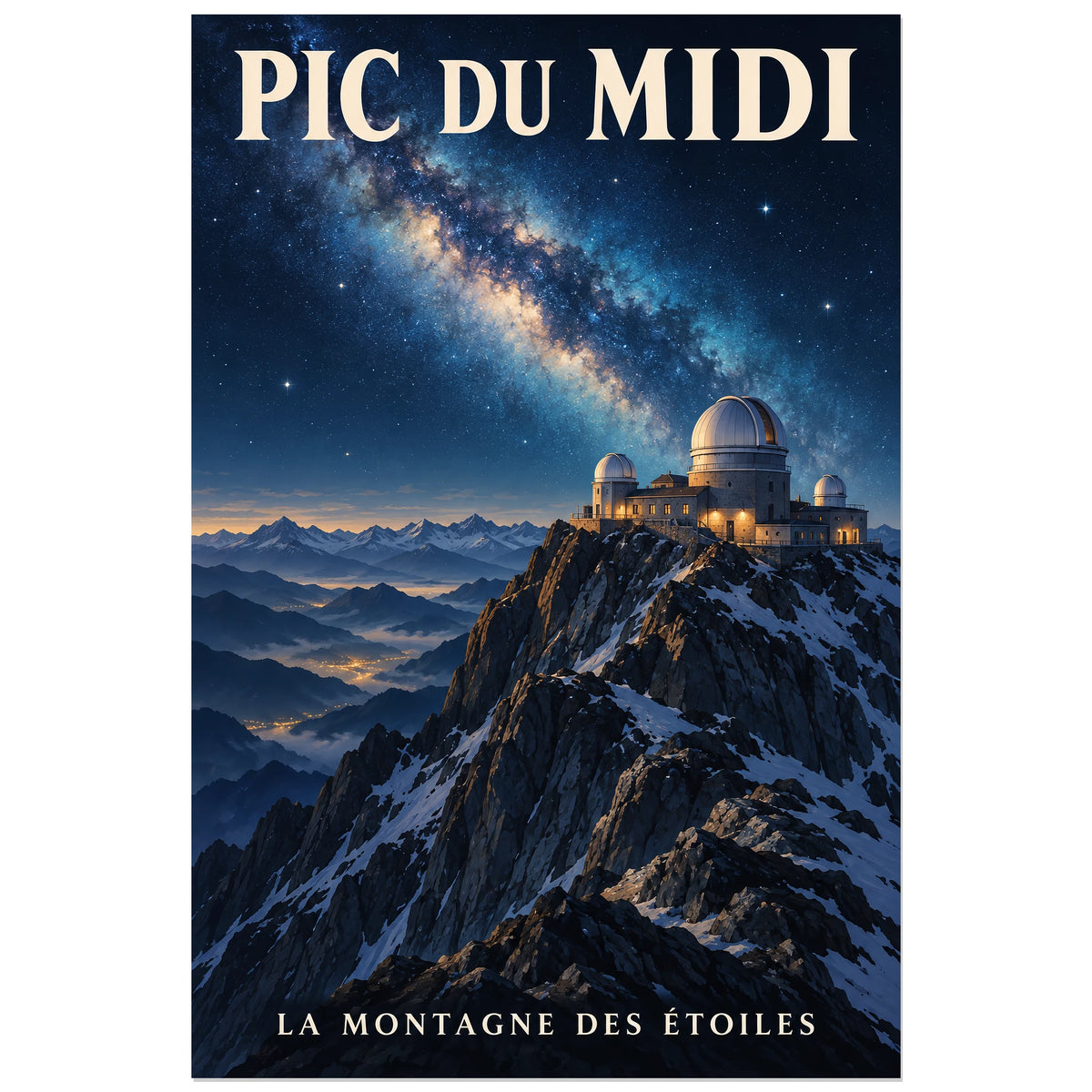 Affiche Pic du Midi – Observatoire, illustration réaliste / affiche touristique verticale, format 30 × 45 cm