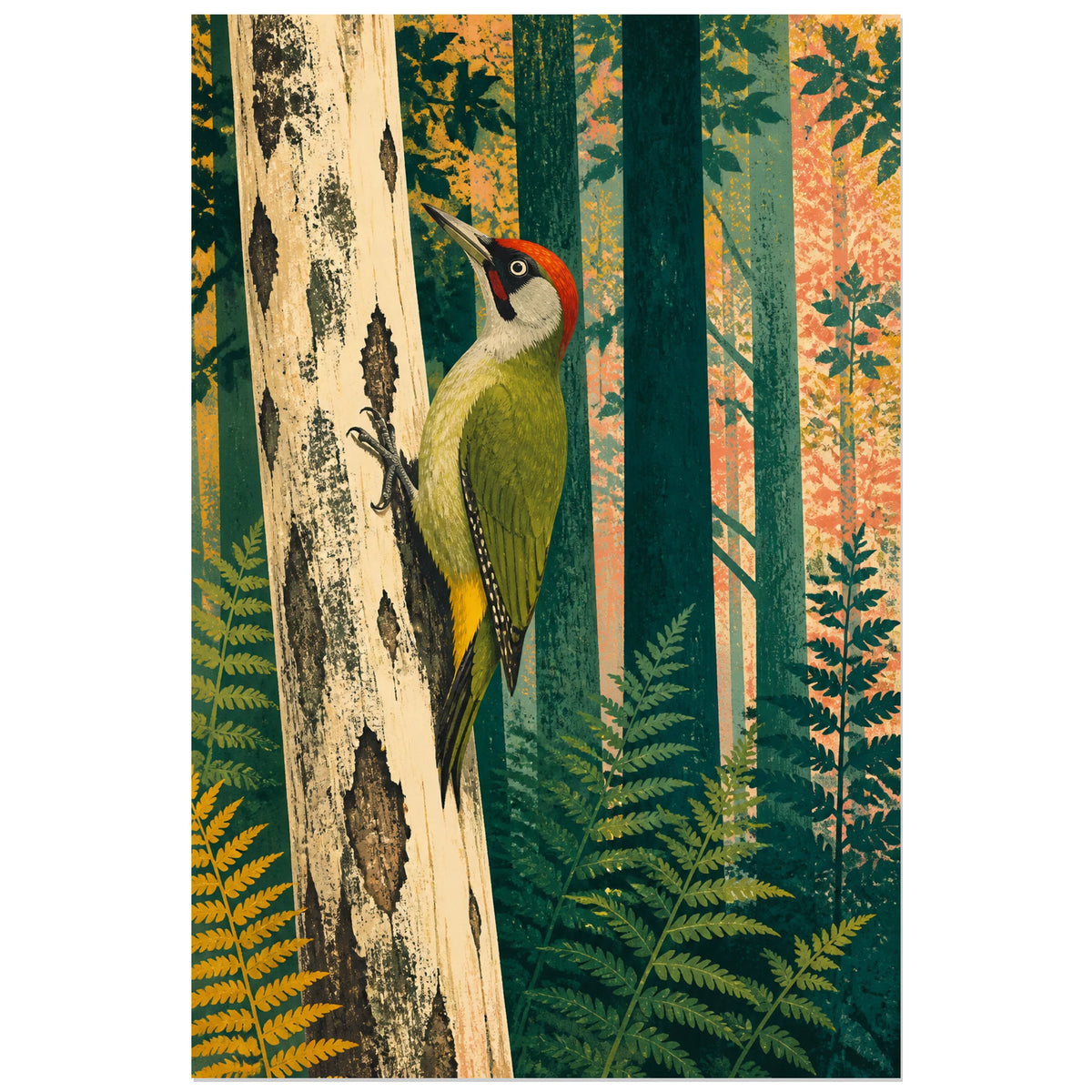 Affiche Pic vert dans la forêt, illustration forestière moderniste en aplats et textures imprimées verticale, format 30 × 45 cm