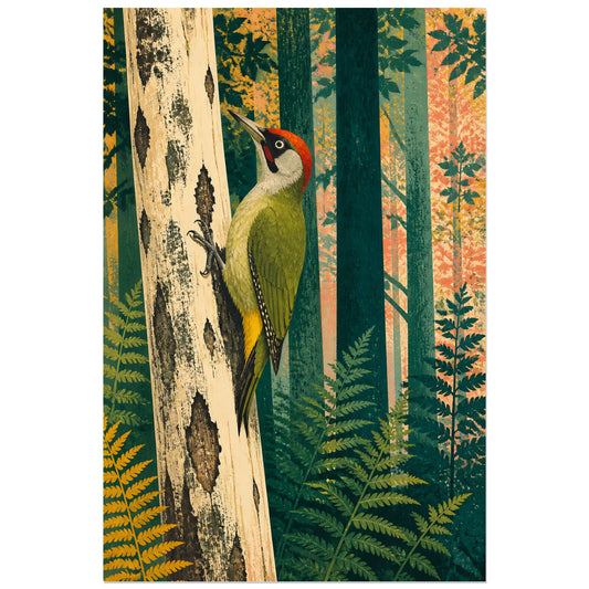 Affiche Pic vert dans la forêt, illustration forestière moderniste en aplats et textures imprimées verticale, format 30 × 45 cm