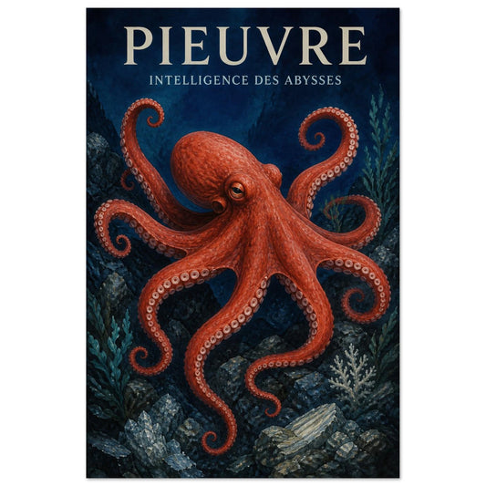 Affiche Pieuvre – Intelligence des Abysses, gouache contemporaine verticale, format 30 × 45 cm