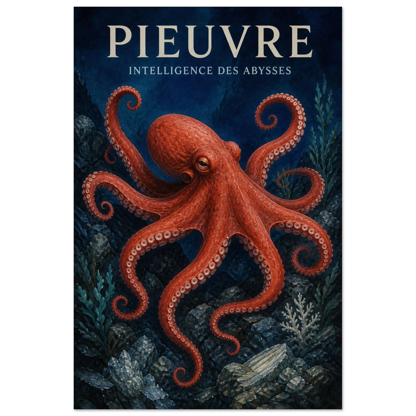 Affiche Pieuvre – Intelligence des Abysses, gouache contemporaine verticale, format 60 × 90 cm