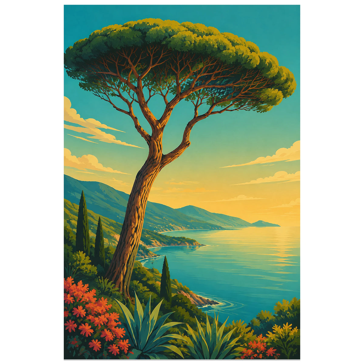 Affiche Pin parasol – Riviera vintage, affiche de voyage vintage / illustration rétro verticale, format 30 × 45 cm