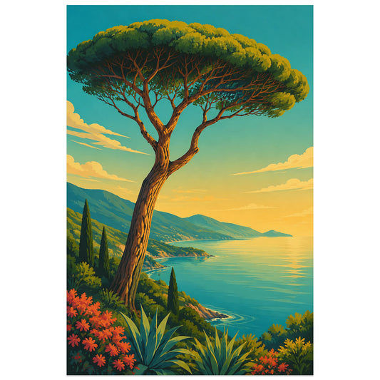 Affiche Pin parasol – Riviera vintage, affiche de voyage vintage / illustration rétro verticale, format 30 × 45 cm