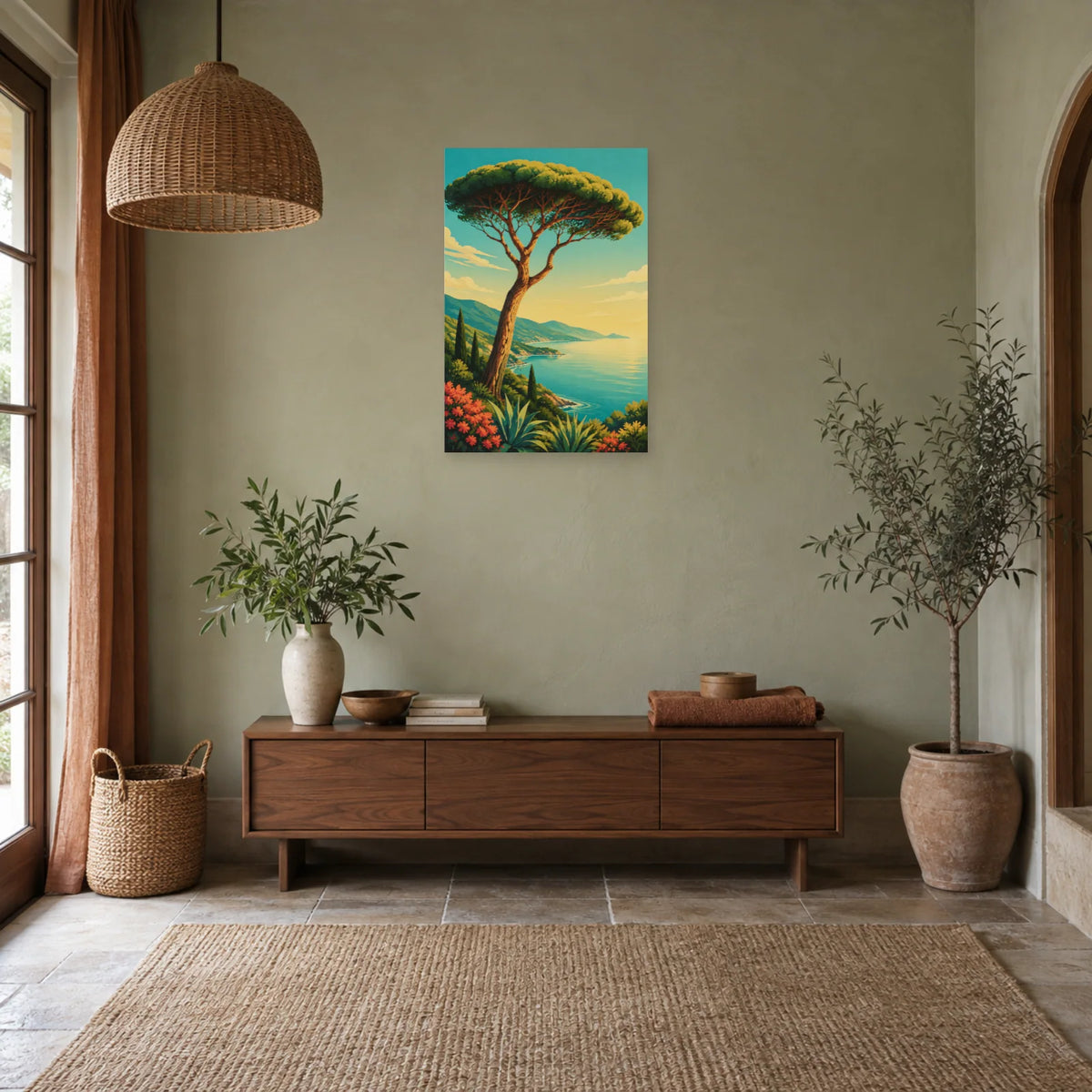 Affiche Pin parasol – Riviera vintage dans une entrée ou un couloir - Art Virtuoso