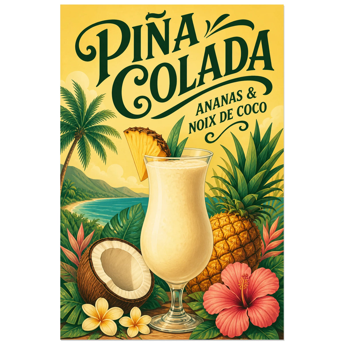 Affiche Piña colada, ananas et noix de coco, illustration tropicale rétro inspirée des affiches de voyage verticale, format 60 × 90 cm
