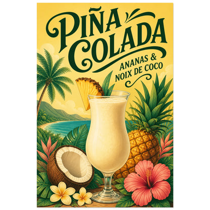 Affiche Piña colada, ananas et noix de coco, illustration tropicale rétro inspirée des affiches de voyage verticale, format 60 × 90 cm