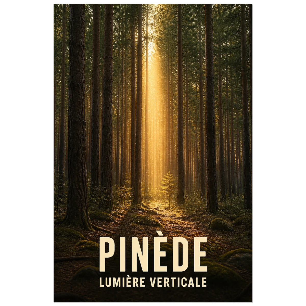 Affiche Pinède – Lumière Verticale, photographie de paysage lumineuse verticale, format 40 × 60 cm
