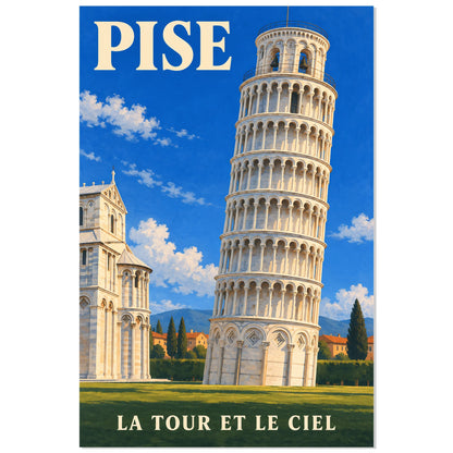 Affiche Pise - La tour et le ciel, illustration de voyage / rendu gouache / inspiration vintage verticale, format 60 × 90 cm