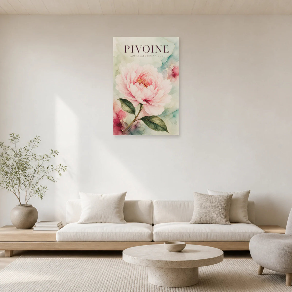 Affiche Pivoine – Aquarelle Botanique dans un salon - Art Virtuoso