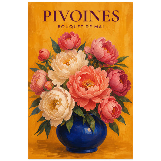 Affiche Pivoines – Bouquet de Mai, gouache florale contemporaine verticale, format 30 × 45 cm