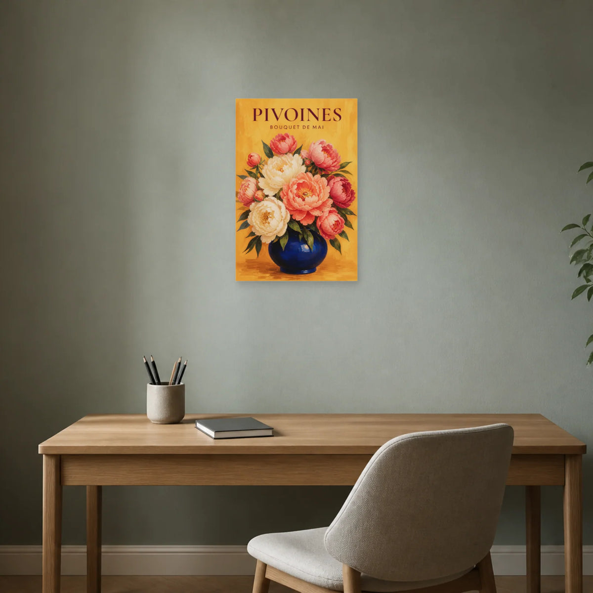 Affiche Pivoines – Bouquet de Mai dans un bureau - Art Virtuoso