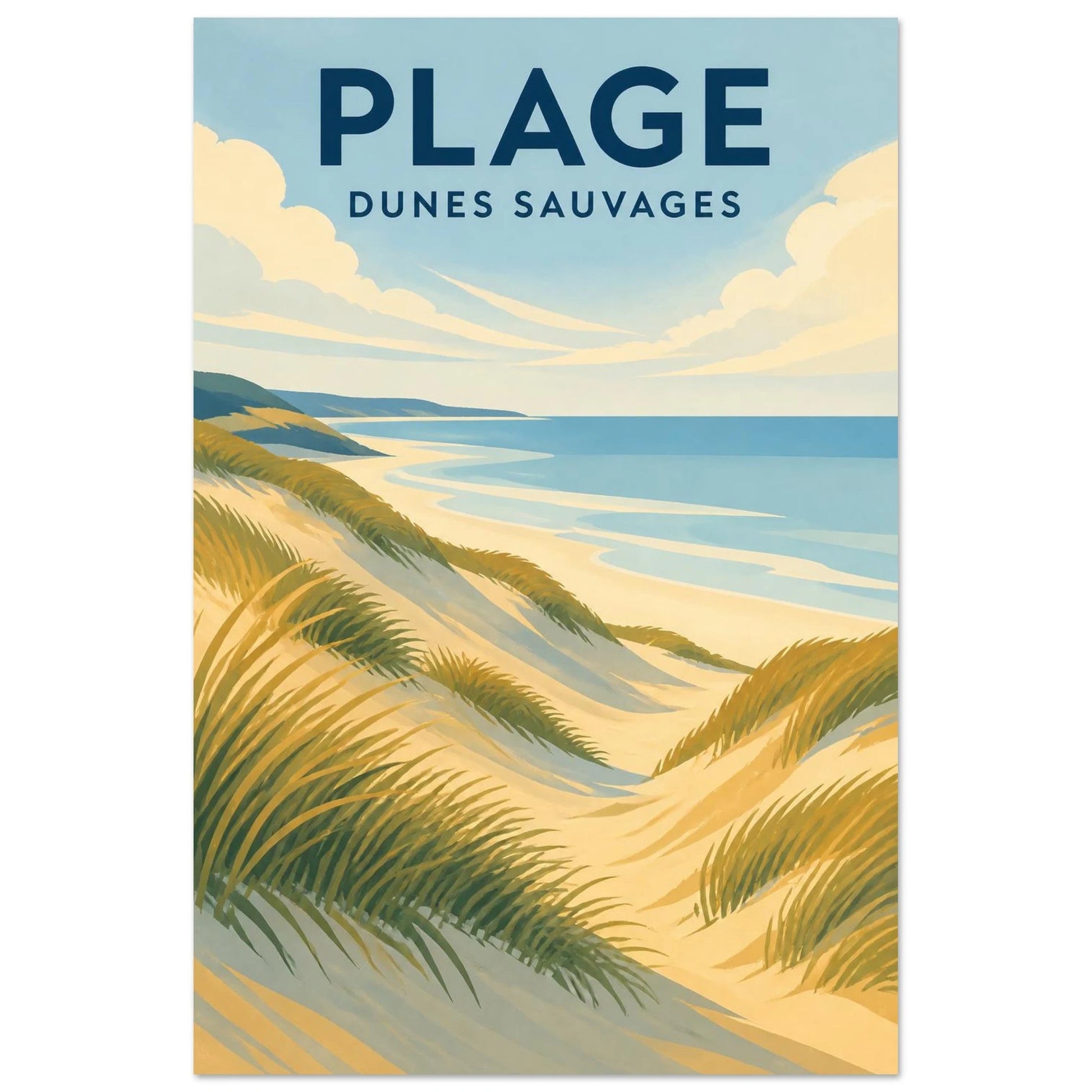 Affiche Plage – Dunes Sauvages, sérigraphie illustrée verticale, format 30 × 45 cm