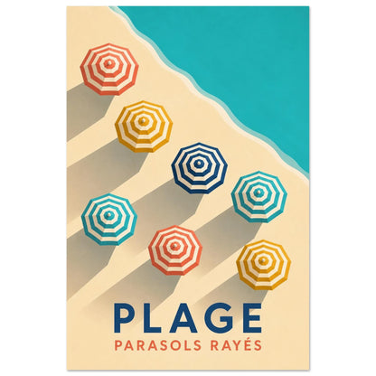 Affiche Plage – Parasols Rayés, illustration graphique verticale, format 40 × 60 cm