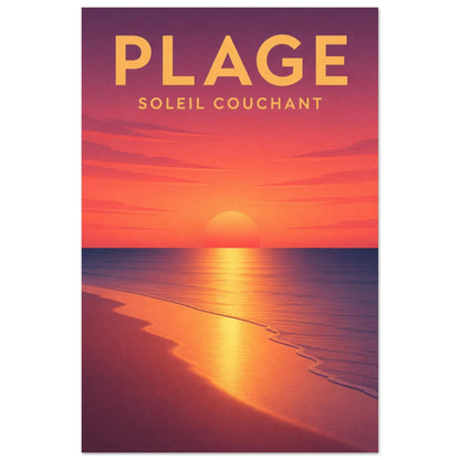 Affiche Plage – Soleil Couchant, sérigraphie illustrée verticale, format 40 × 60 cm