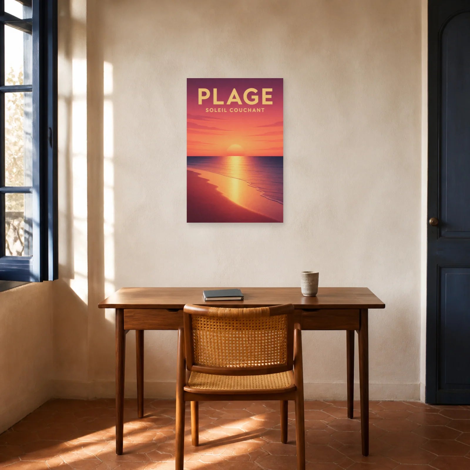 Affiche Plage – Soleil Couchant dans un bureau - Art Virtuoso