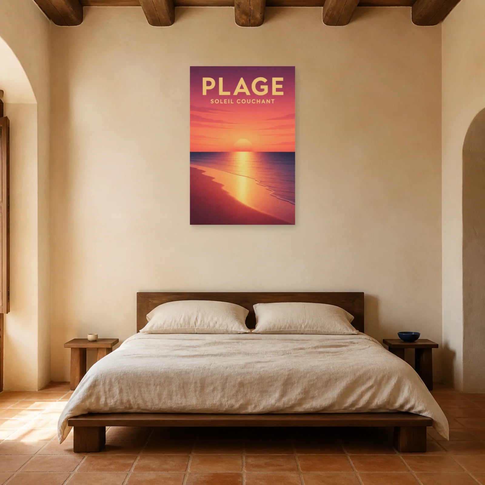 Affiche Plage – Soleil Couchant dans une chambre - Art Virtuoso