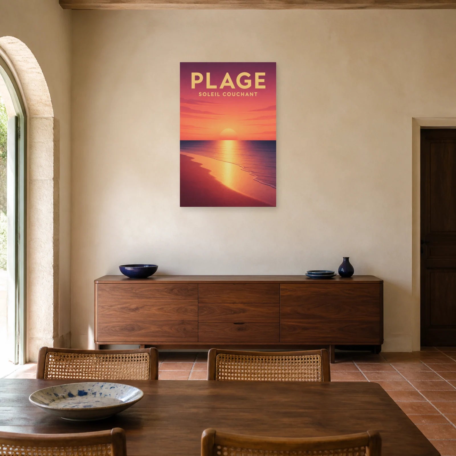Affiche Plage – Soleil Couchant dans une salle à manger - Art Virtuoso