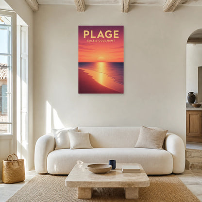 Affiche Plage – Soleil Couchant dans un salon - Art Virtuoso