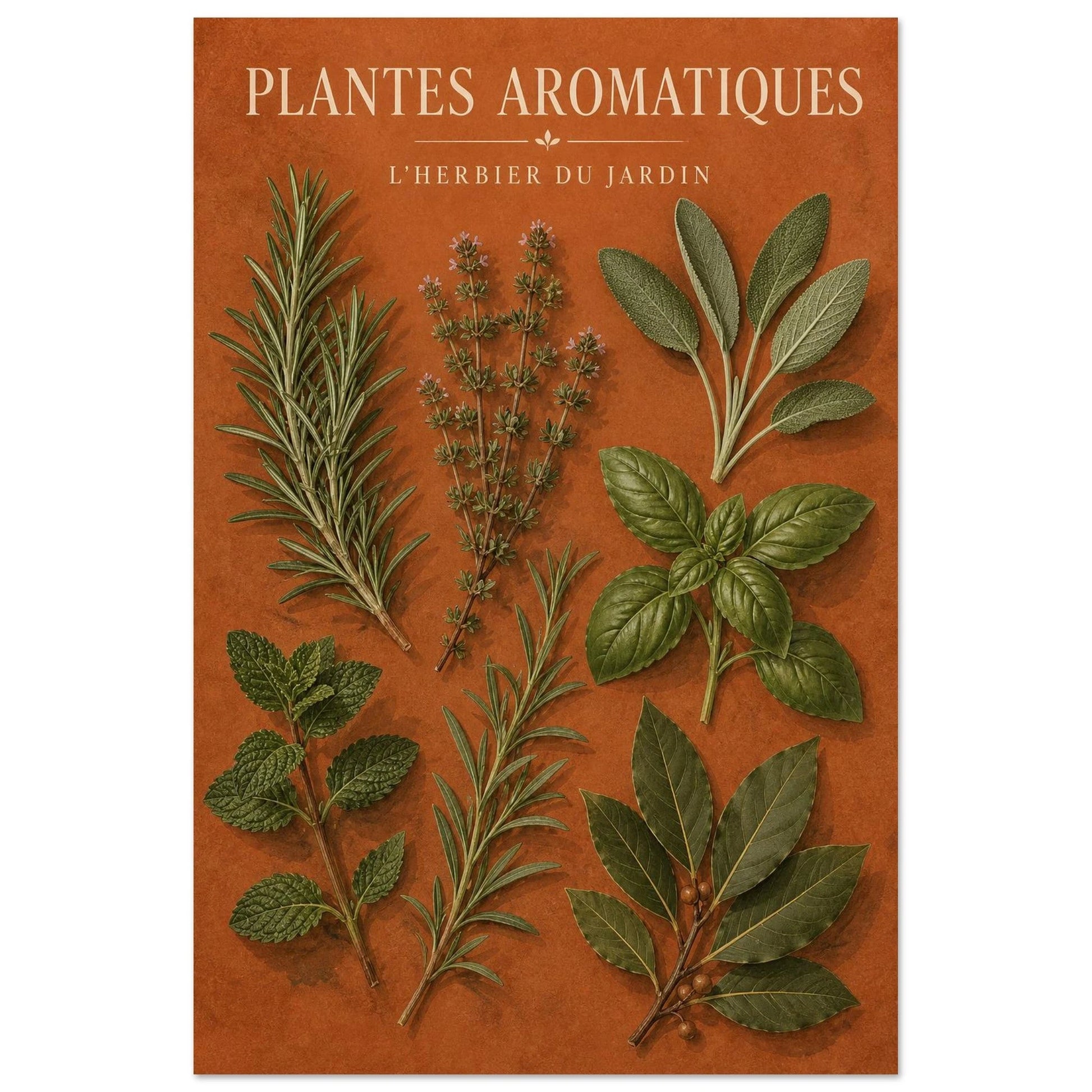 Affiche Plantes Aromatiques – L'Herbier du Jardin, gouache contemporaine verticale, format 30 × 45 cm