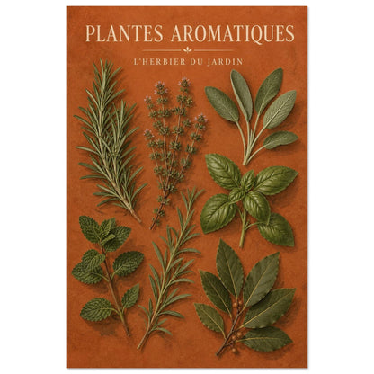 Affiche Plantes Aromatiques – L'Herbier du Jardin, gouache contemporaine verticale, format 60 × 90 cm