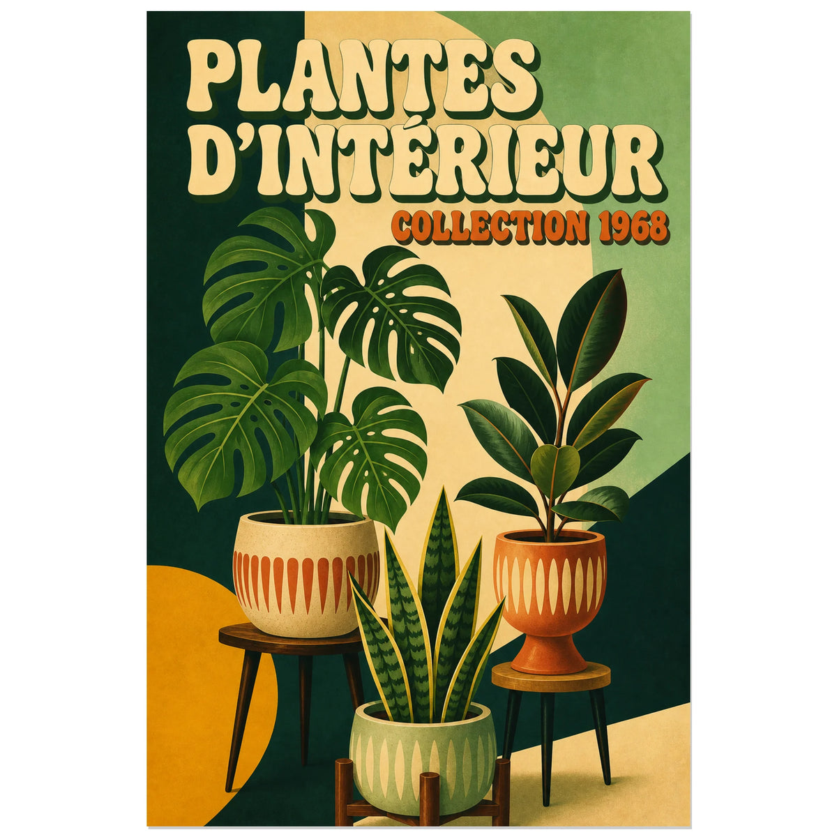 Affiche Plantes d'Intérieur – Collection 1968, affiche décorative de la fin des années 1960 au lettrage arrondi verticale, format 60 × 90 cm