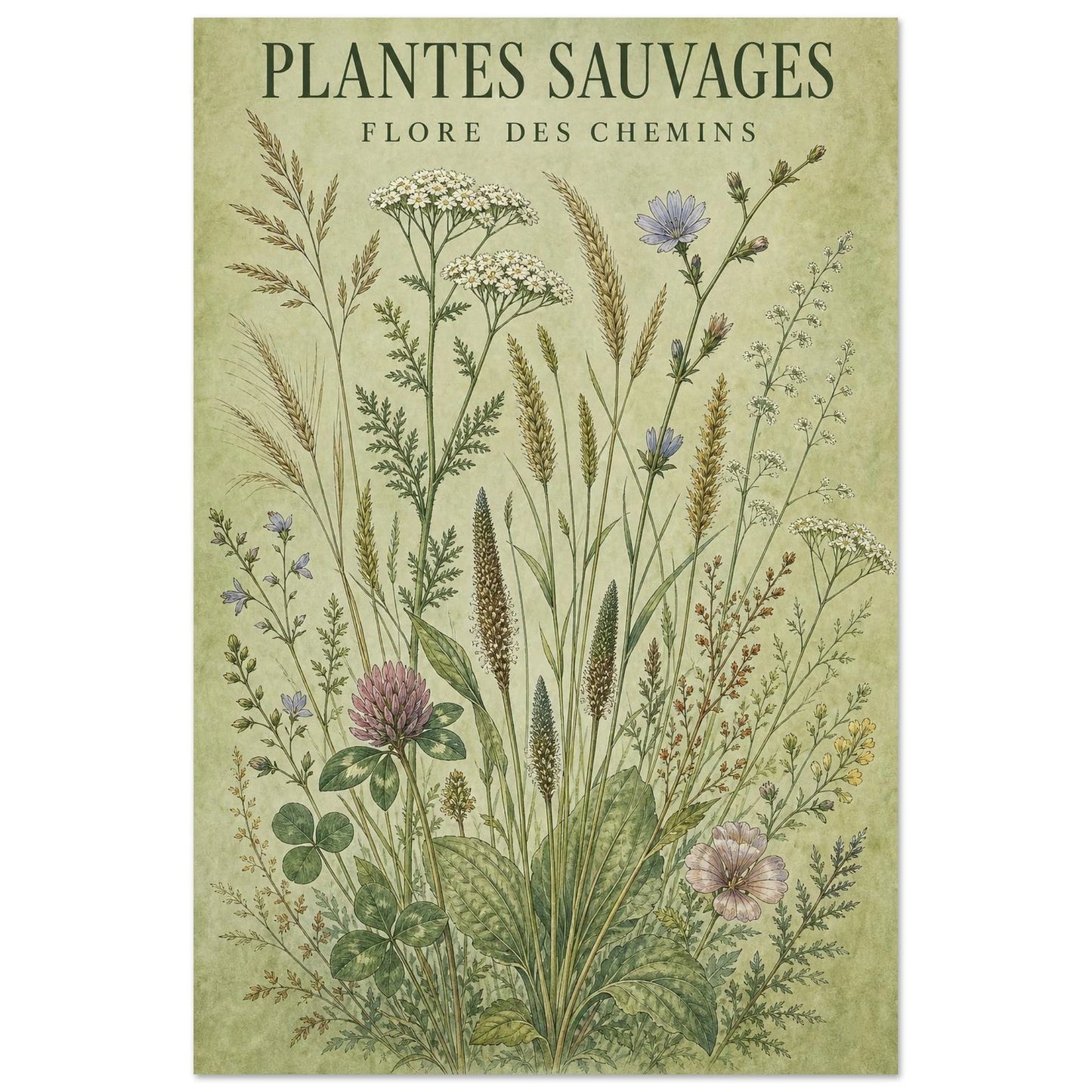 Affiche Plantes Sauvages – Flore des Chemins, aquarelle illustrée verticale, format 30 × 45 cm