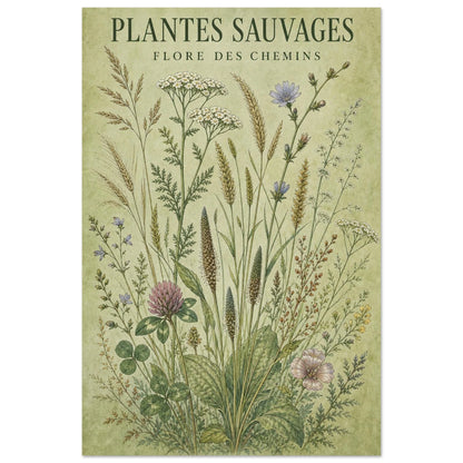Affiche Plantes Sauvages – Flore des Chemins, aquarelle illustrée verticale, format 30 × 45 cm