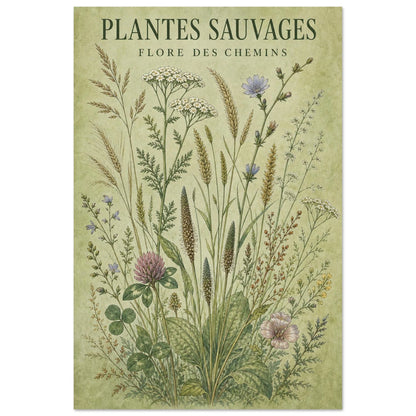 Affiche Plantes Sauvages – Flore des Chemins, aquarelle illustrée verticale, format 60 × 90 cm