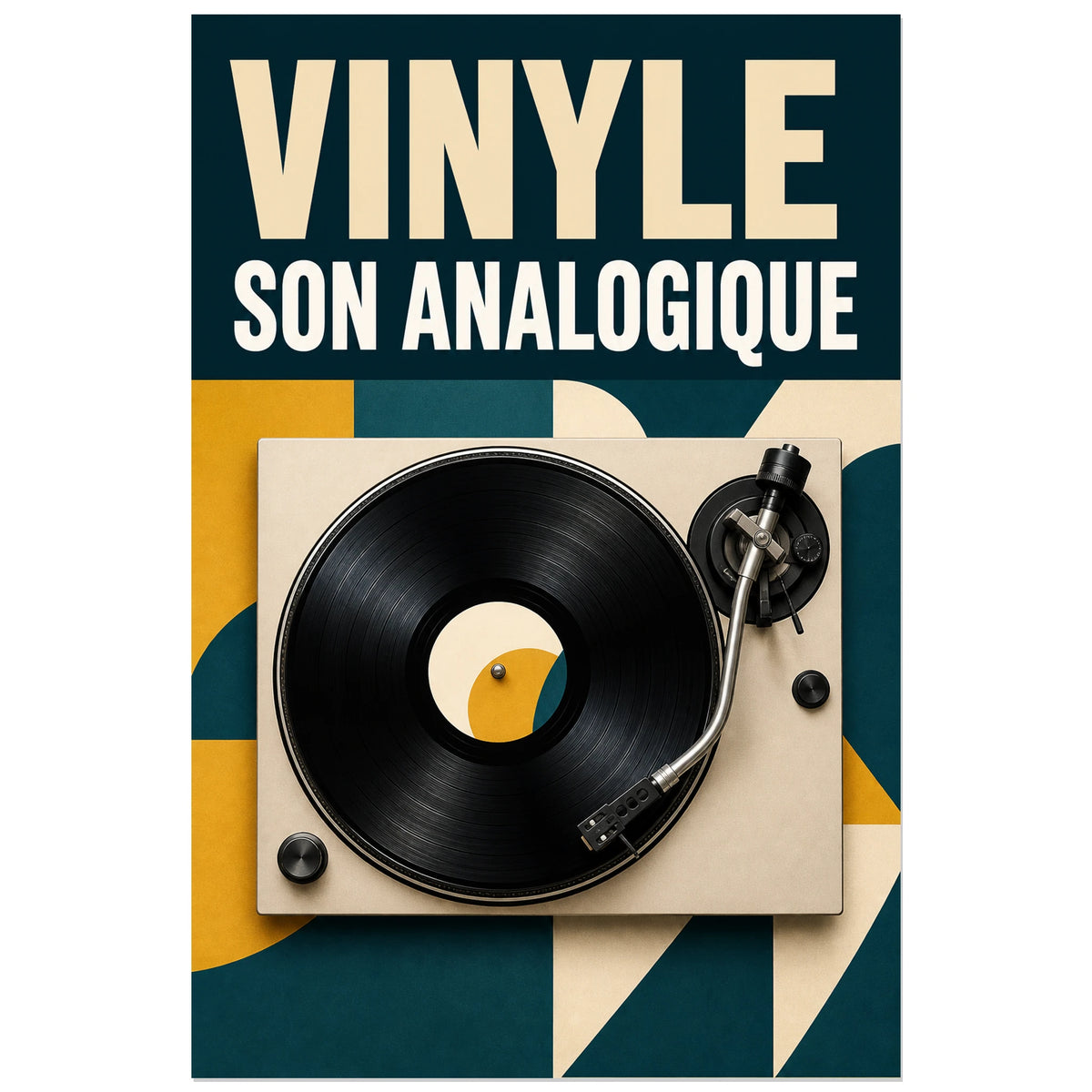 Affiche Platine vinyle – Son analogique, illustration moderniste mid-century verticale, format 30 × 45 cm
