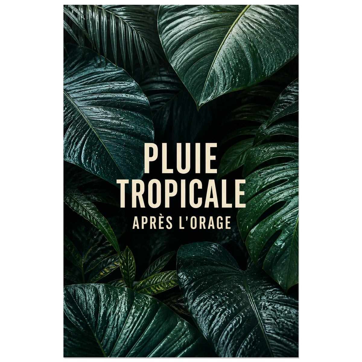 Affiche Pluie tropicale – Après l’orage, photographie botanique macro sombre aux textures mouillées verticale, format 30 × 45 cm